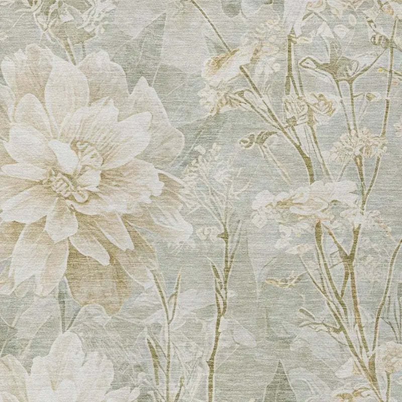 Elegant floral fabric in soft beige and muted green, perfect for curtains, upholstery, or home décor accents.