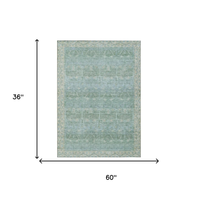 3' X 5' Mint Green And Green Tribal Washable Indoor Outdoor Area Rug Homeroots Outdoor