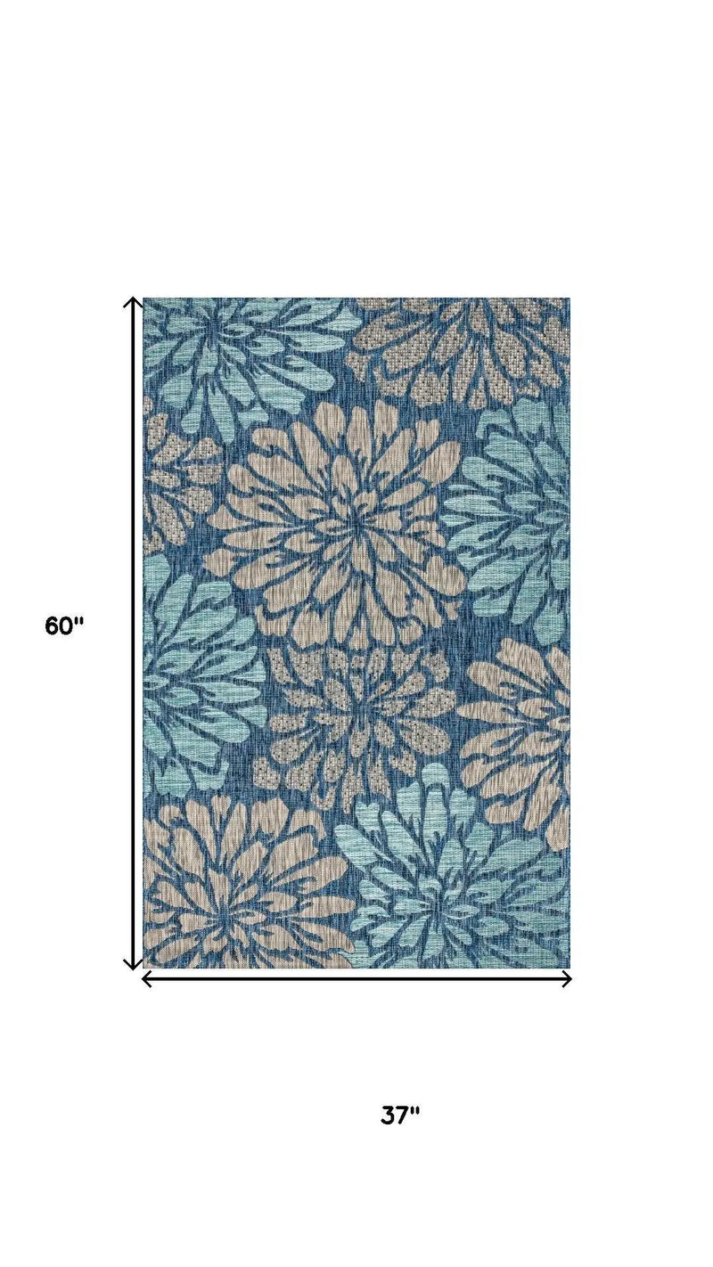 Blue and beige floral area rug, 37"x60", blend of modern and traditional styles, perfect for any room decor.