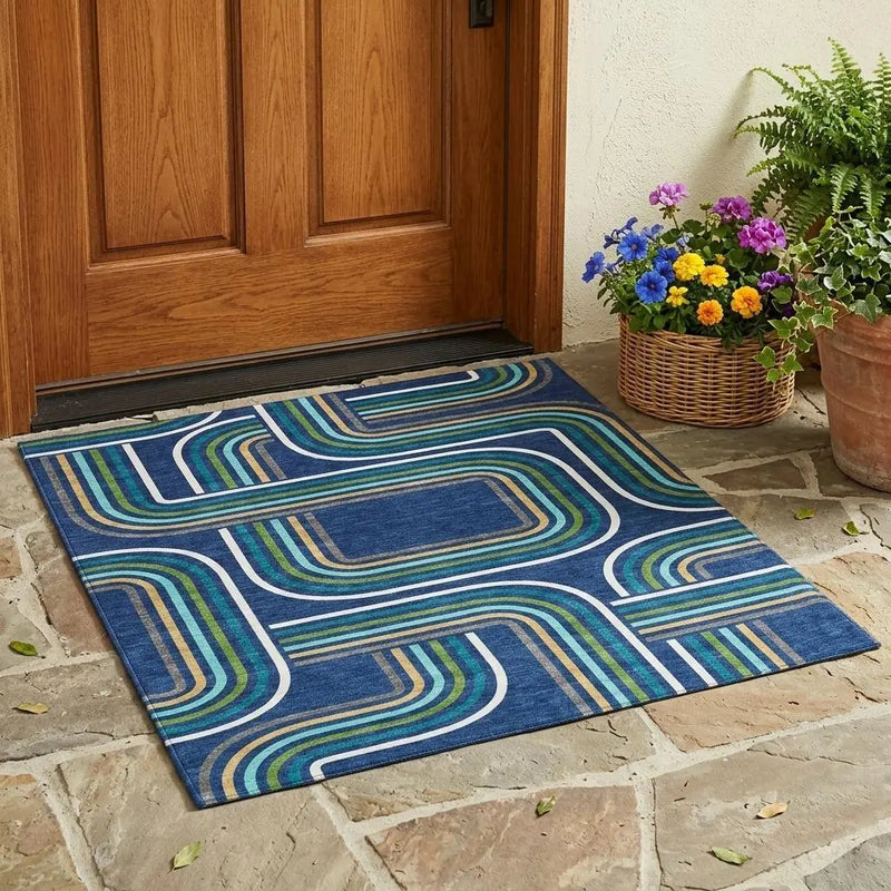 3' X 5' Navy Blue And Aqua Geometric Washable Indoor Outdoor Area Rug Homeroots Outdoor