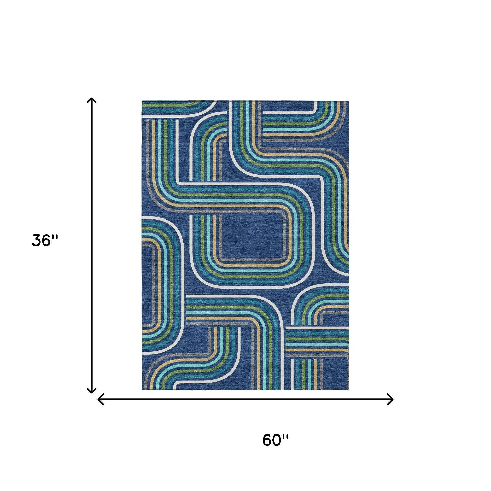 3' X 5' Navy Blue And Aqua Geometric Washable Indoor Outdoor Area Rug Homeroots Outdoor
