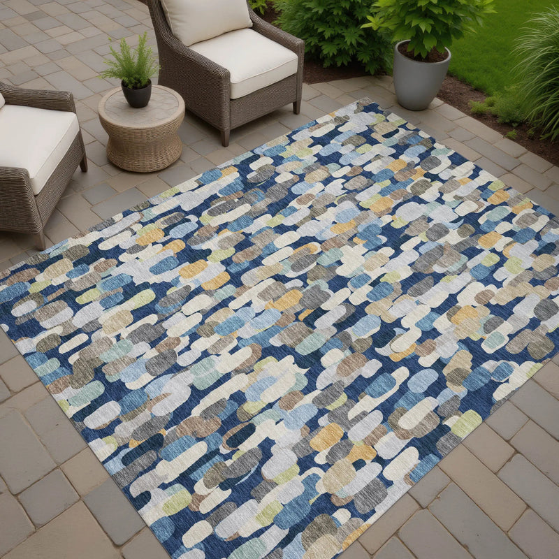 3' X 5' Navy Blue And Beige Abstract Washable Indoor Outdoor Area Rug Homeroots Outdoor