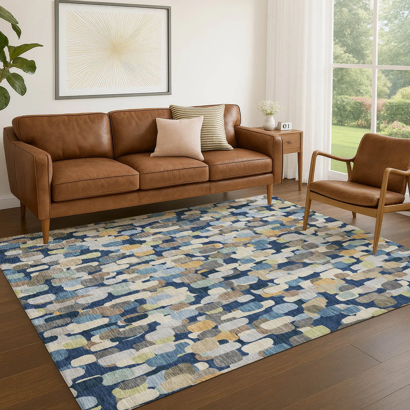 3' X 5' Navy Blue And Beige Abstract Washable Indoor Outdoor Area Rug Homeroots Outdoor