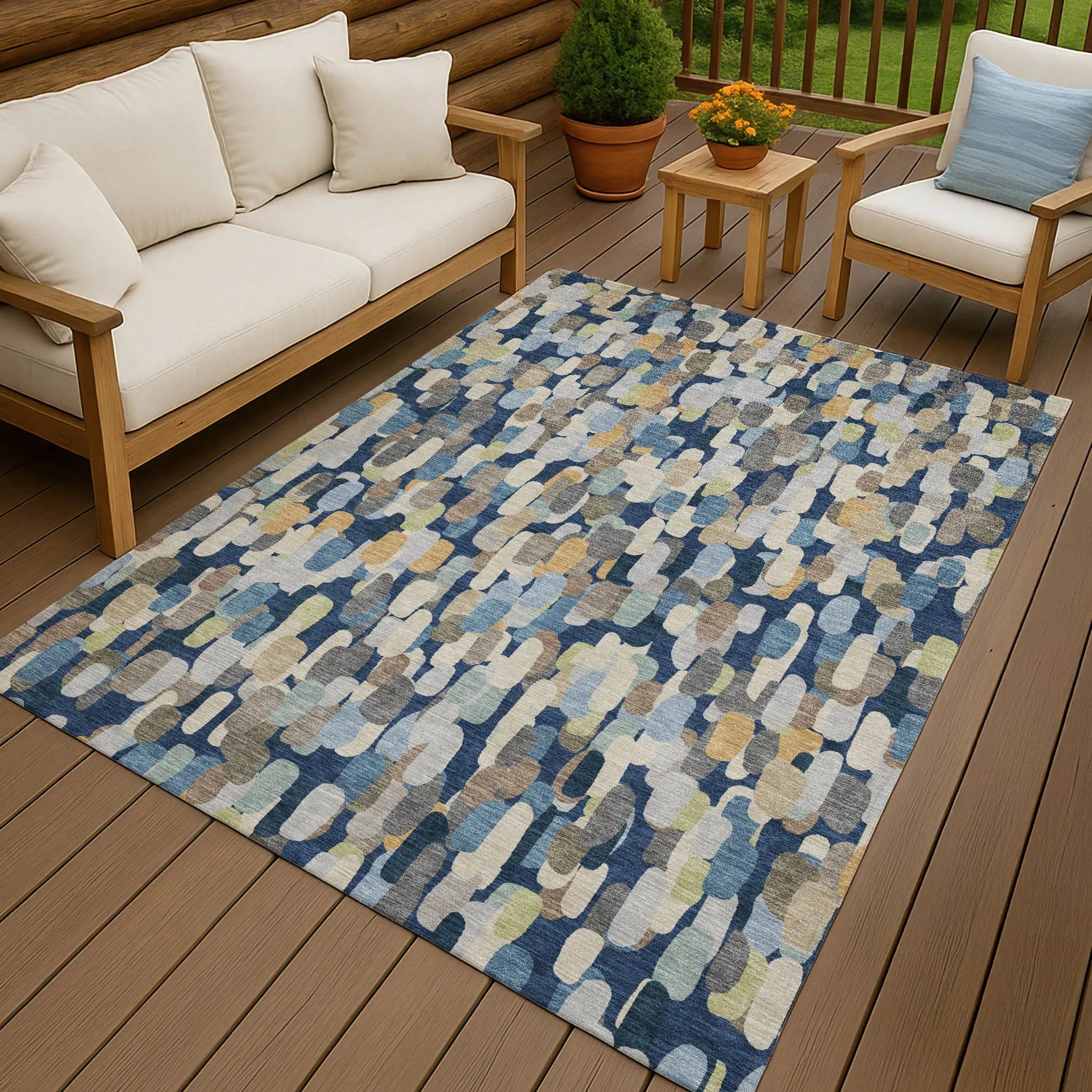 3' X 5' Navy Blue And Beige Abstract Washable Indoor Outdoor Area Rug Homeroots Outdoor