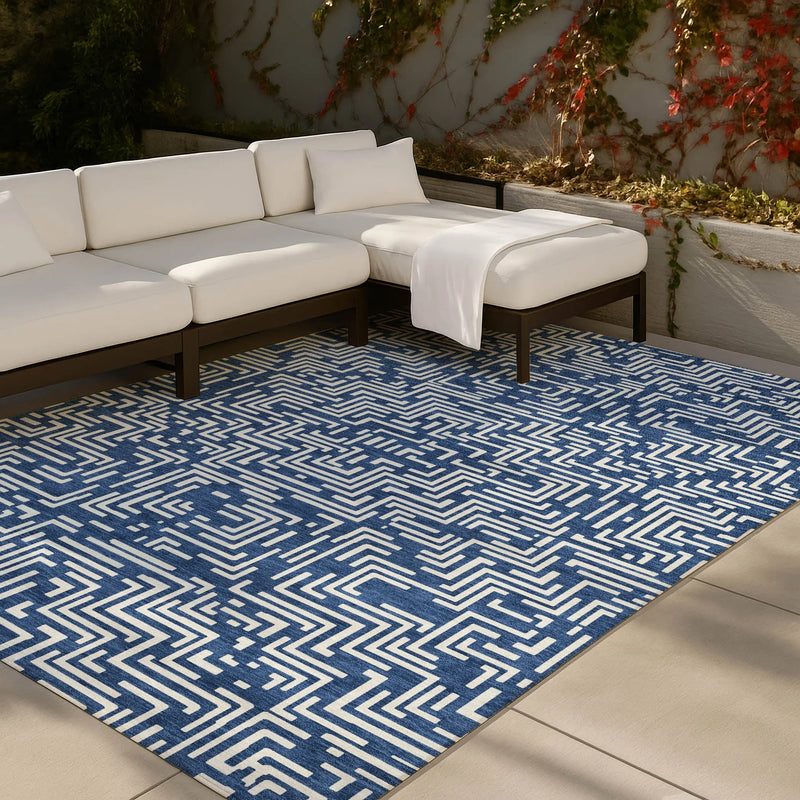 3' X 5' Navy Blue And Beige Geometric Washable Indoor Outdoor Area Rug Homeroots Outdoor