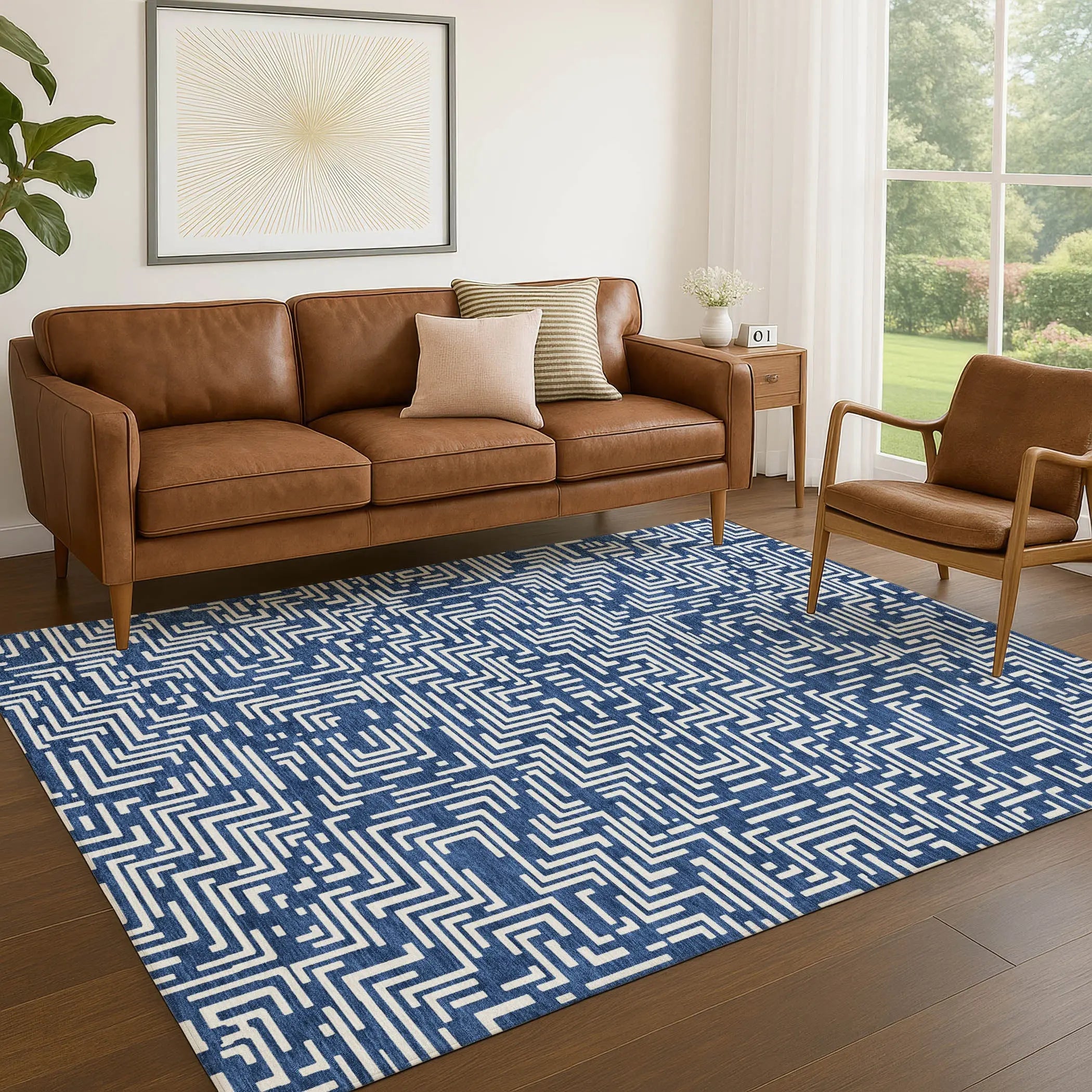 3' X 5' Navy Blue And Beige Geometric Washable Indoor Outdoor Area Rug Homeroots Outdoor