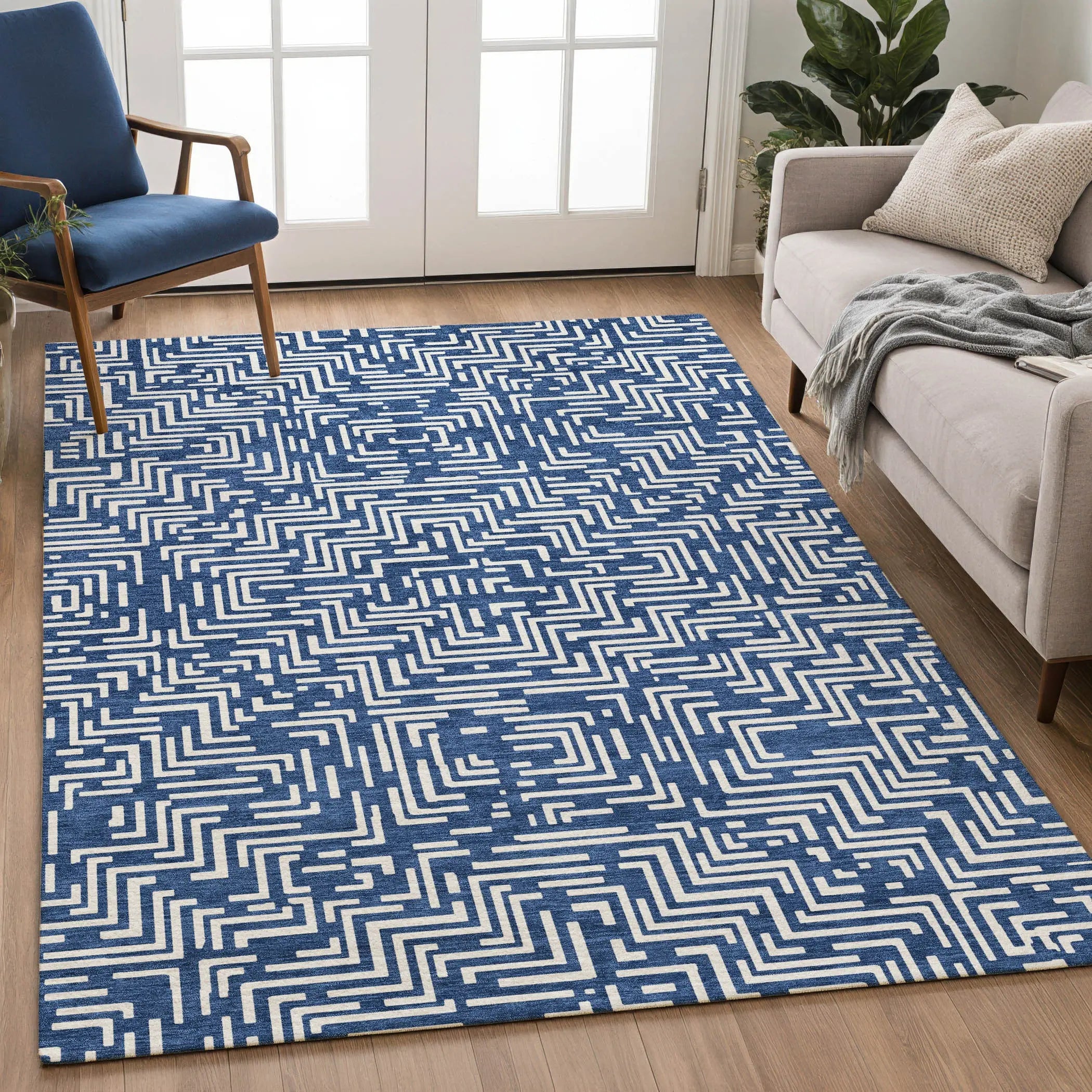 3' X 5' Navy Blue And Beige Geometric Washable Indoor Outdoor Area Rug Homeroots Outdoor