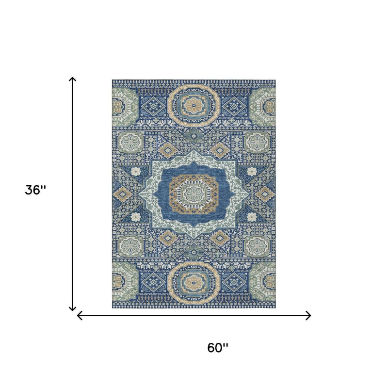 3' X 5' Navy Blue And Beige Oriental Washable Indoor Outdoor Area Rug Homeroots Outdoor