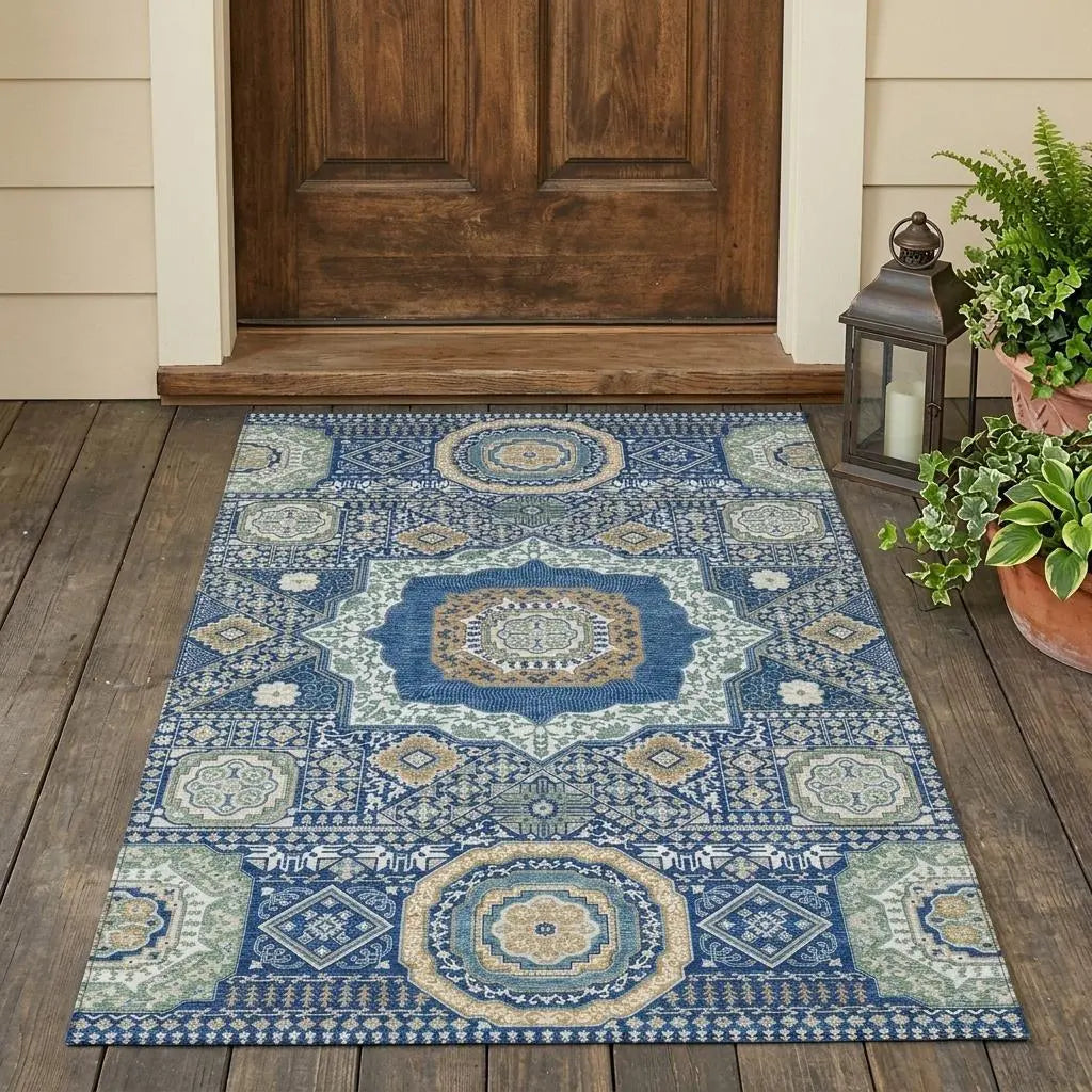 3' X 5' Navy Blue And Beige Oriental Washable Indoor Outdoor Area Rug Homeroots Outdoor