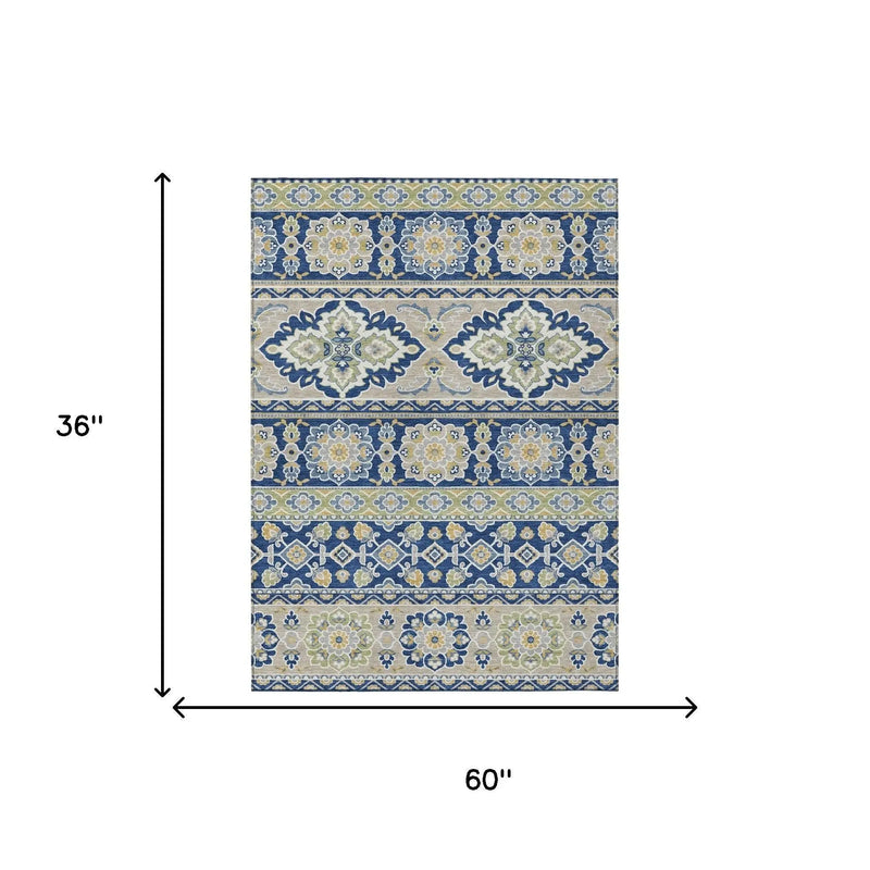 3' X 5' Navy Blue And Beige Tribal Washable Indoor Outdoor Area Rug Homeroots Outdoor
