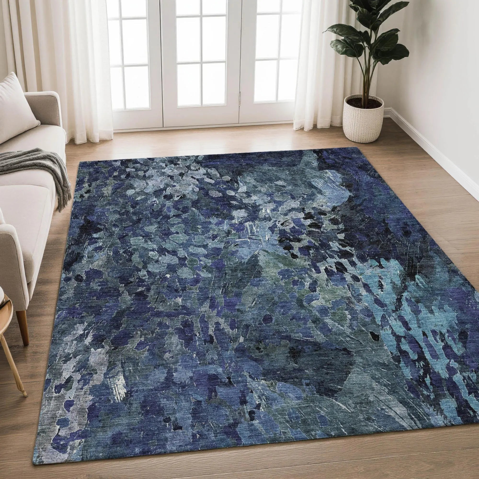 3' X 5' Navy Blue And Blue Abstract Washable Indoor Outdoor Area Rug Homeroots Outdoor