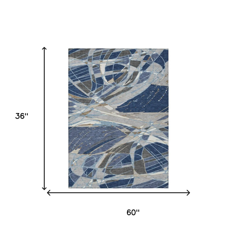 3' X 5' Navy Blue And Blue Abstract Washable Indoor Outdoor Area Rug Homeroots Outdoor