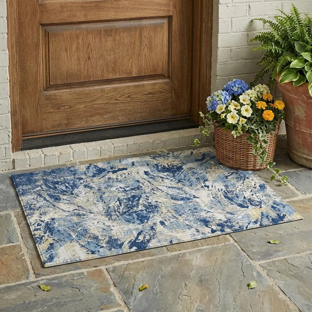 3' X 5' Navy Blue And Blue Abstract Washable Indoor Outdoor Area Rug Homeroots Outdoor