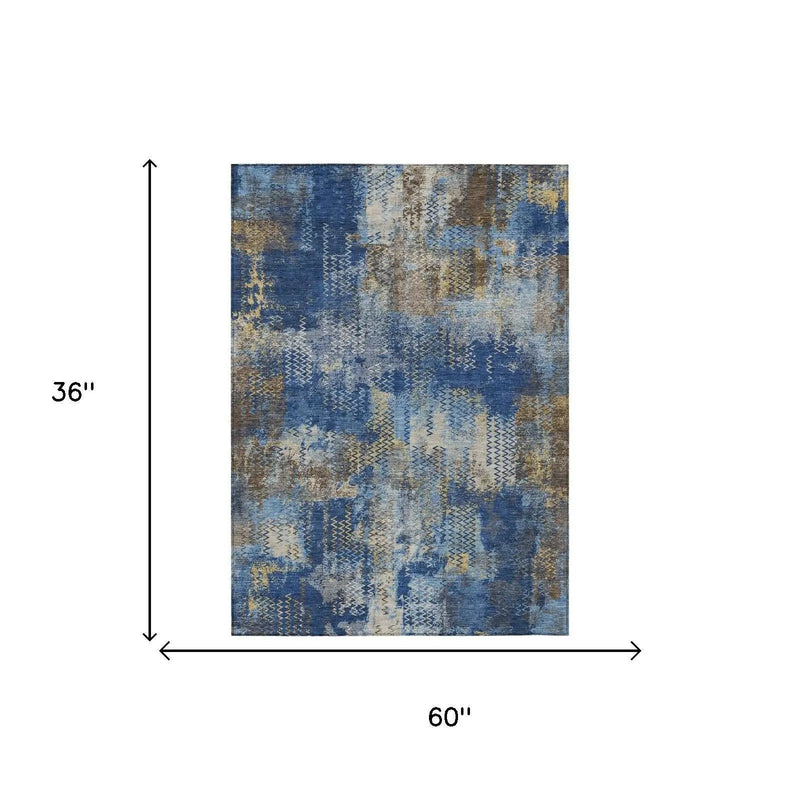 3' X 5' Navy Blue And Blue Abstract Washable Indoor Outdoor Area Rug Homeroots Outdoor