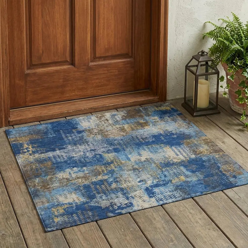 3' X 5' Navy Blue And Blue Abstract Washable Indoor Outdoor Area Rug Homeroots Outdoor
