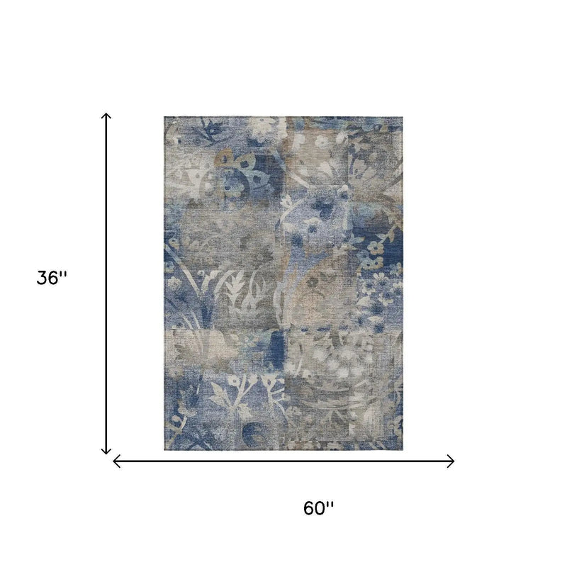 3' X 5' Navy Blue And Blue Botanical Leaves Washable Indoor Outdoor Area Rug Homeroots Outdoor