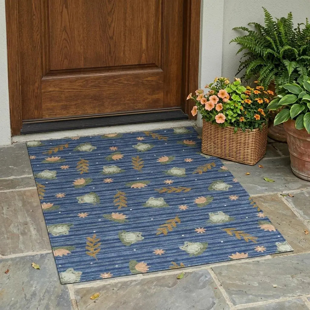 3' X 5' Navy Blue And Blue Botanical Leaves Washable Indoor Outdoor Area Rug Homeroots Outdoor