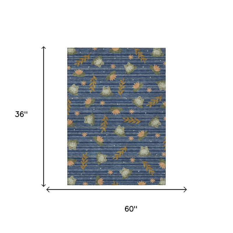 3' X 5' Navy Blue And Blue Botanical Leaves Washable Indoor Outdoor Area Rug Homeroots Outdoor