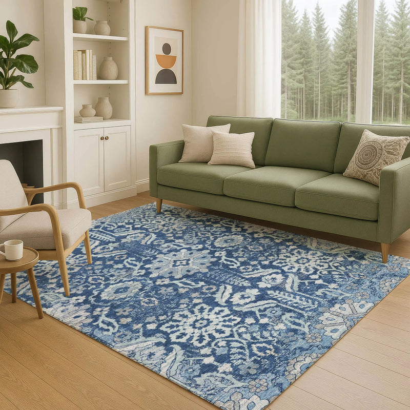 3' X 5' Navy Blue And Blue Damask Washable Indoor Outdoor Area Rug Homeroots Outdoor