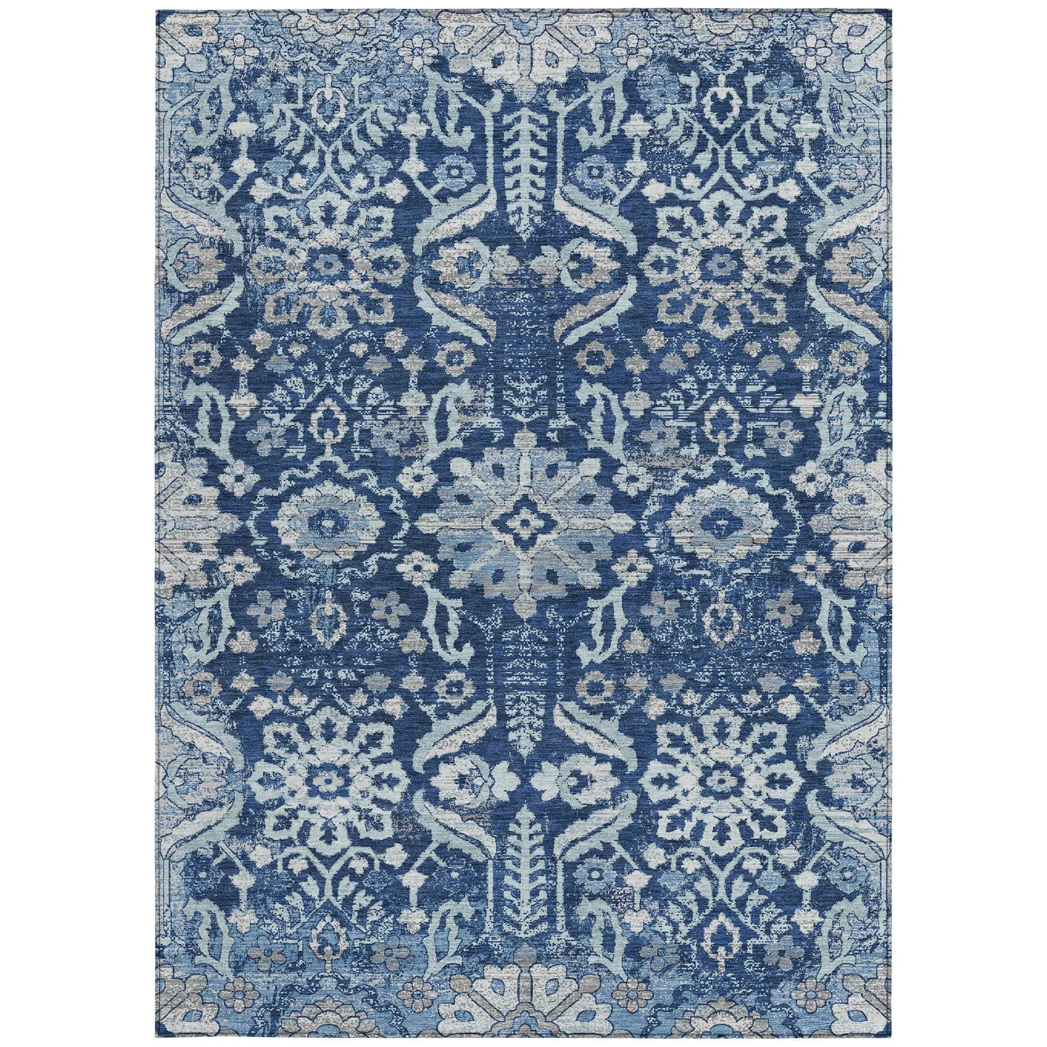 3' X 5' Navy Blue And Blue Damask Washable Indoor Outdoor Area Rug Homeroots Outdoor
