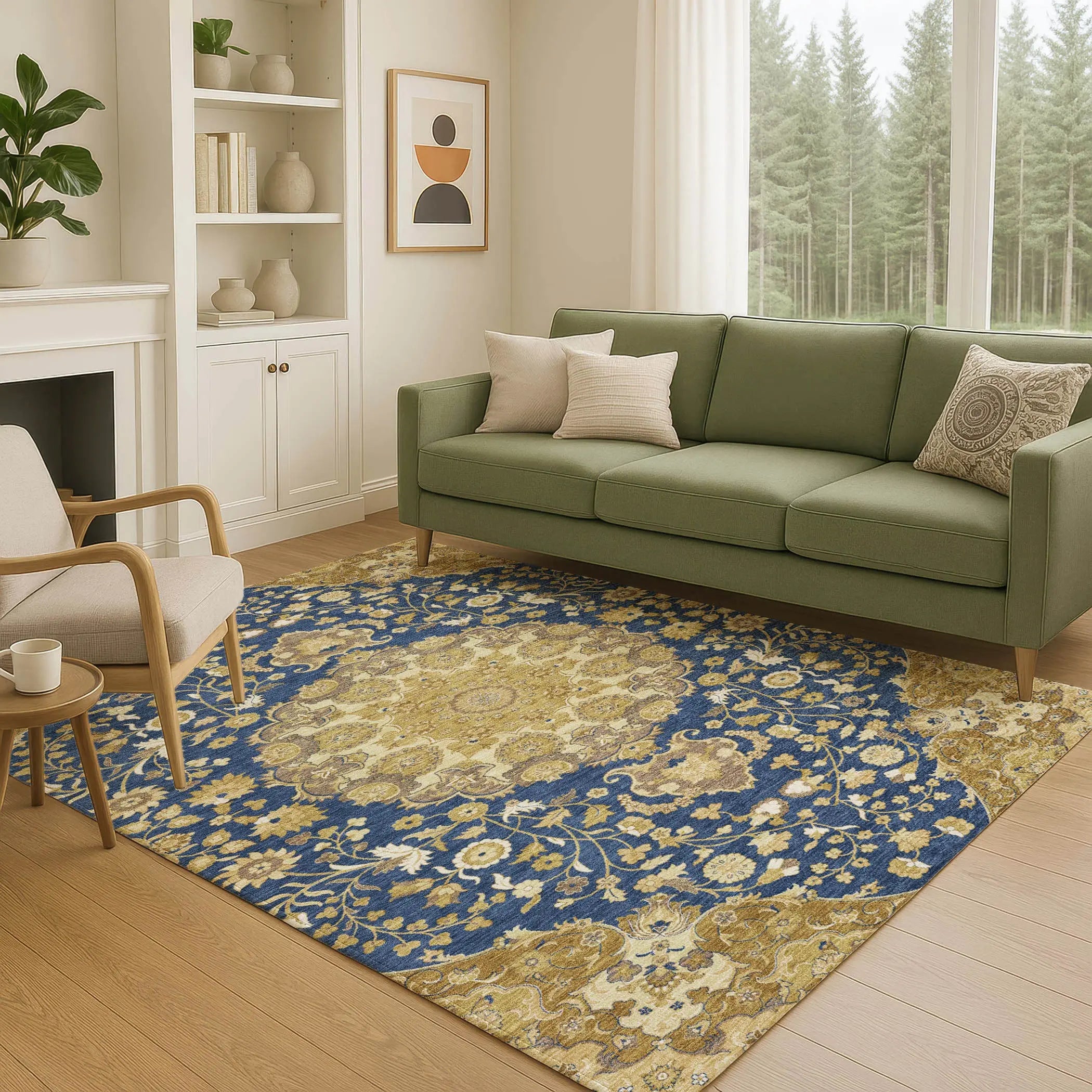 3' X 5' Navy Blue And Blue Damask Washable Indoor Outdoor Area Rug Homeroots Outdoor