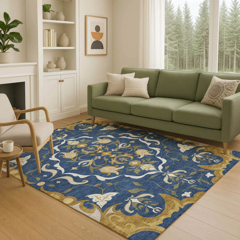 3' X 5' Navy Blue And Blue Damask Washable Indoor Outdoor Area Rug Homeroots Outdoor