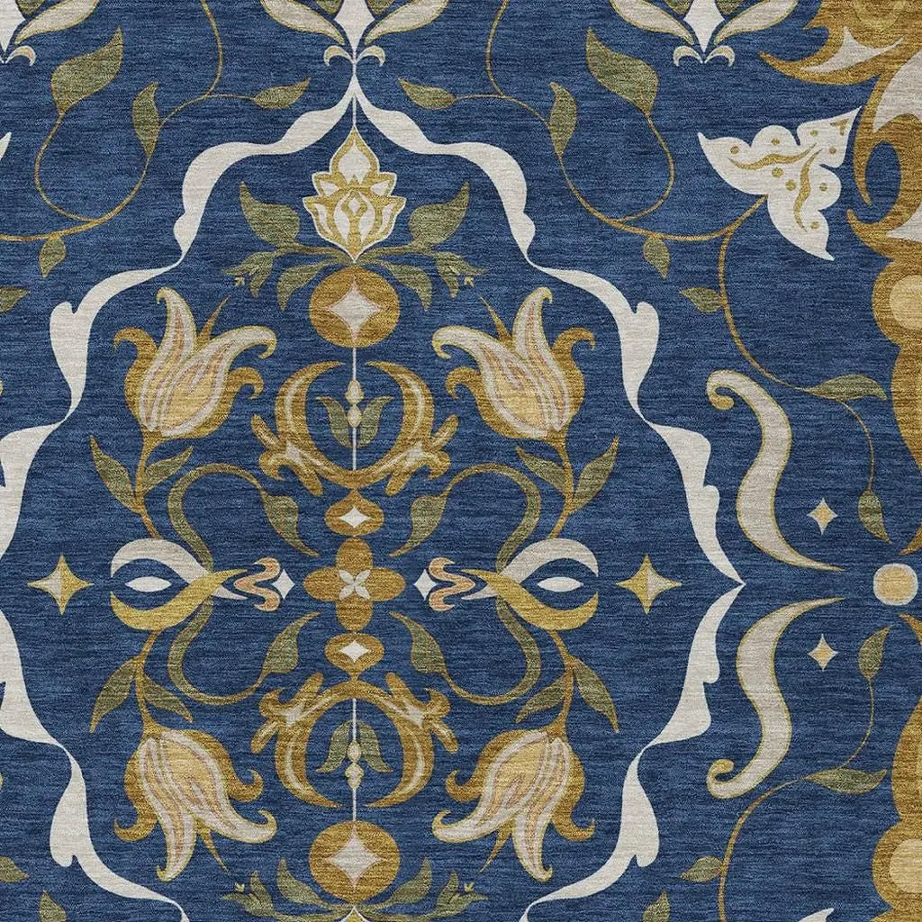 3' X 5' Navy Blue And Blue Damask Washable Indoor Outdoor Area Rug Homeroots Outdoor