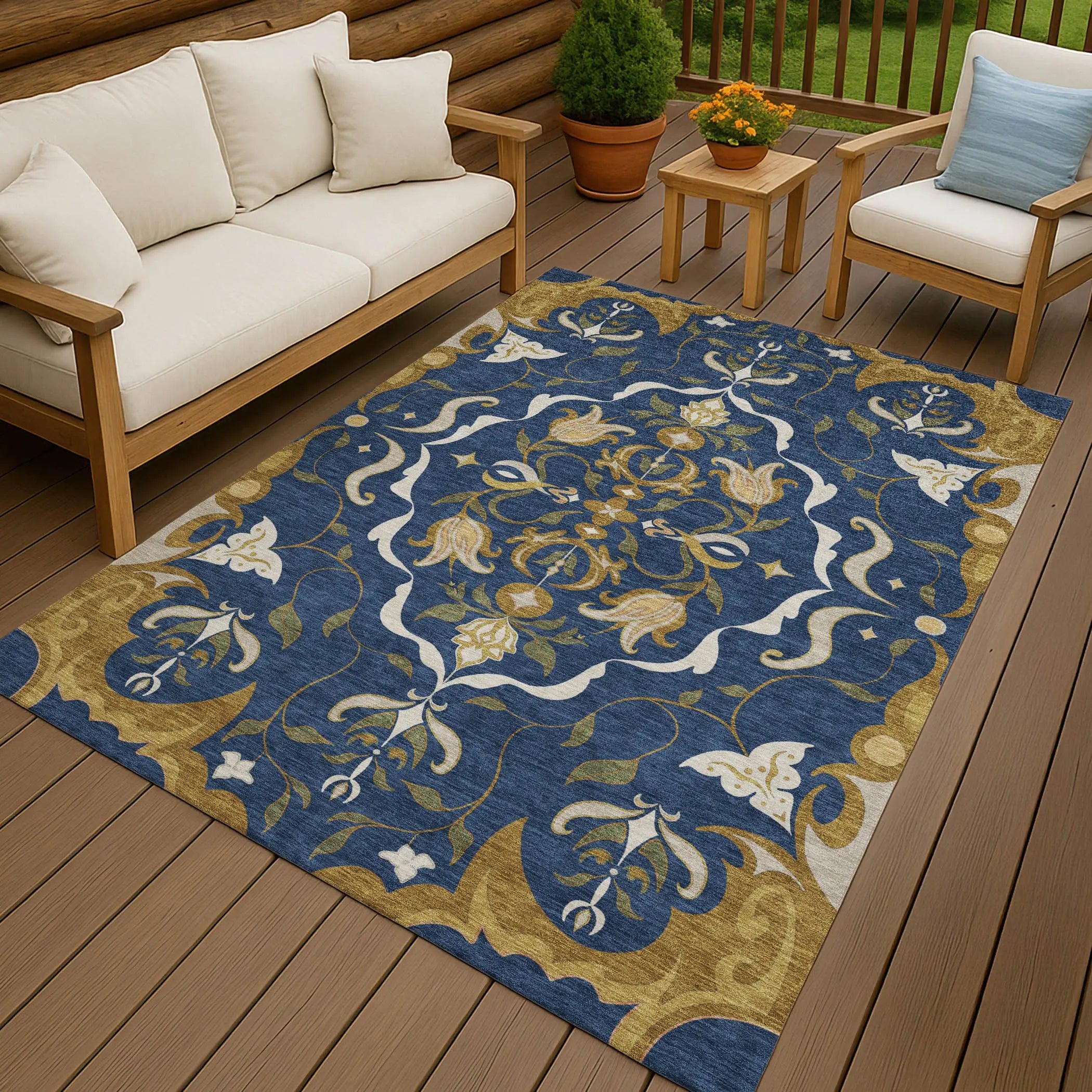 3' X 5' Navy Blue And Blue Damask Washable Indoor Outdoor Area Rug Homeroots Outdoor