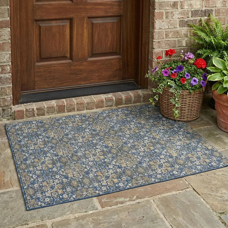3' X 5' Navy Blue And Blue Damask Washable Indoor Outdoor Area Rug Homeroots Outdoor