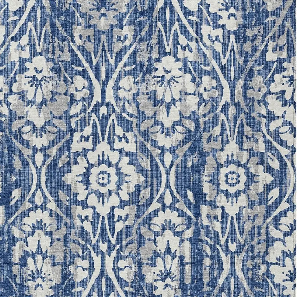 3' X 5' Navy Blue And Blue Damask Washable Indoor Outdoor Area Rug Homeroots Outdoor