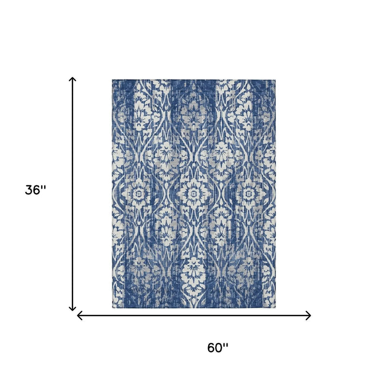 3' X 5' Navy Blue And Blue Damask Washable Indoor Outdoor Area Rug Homeroots Outdoor
