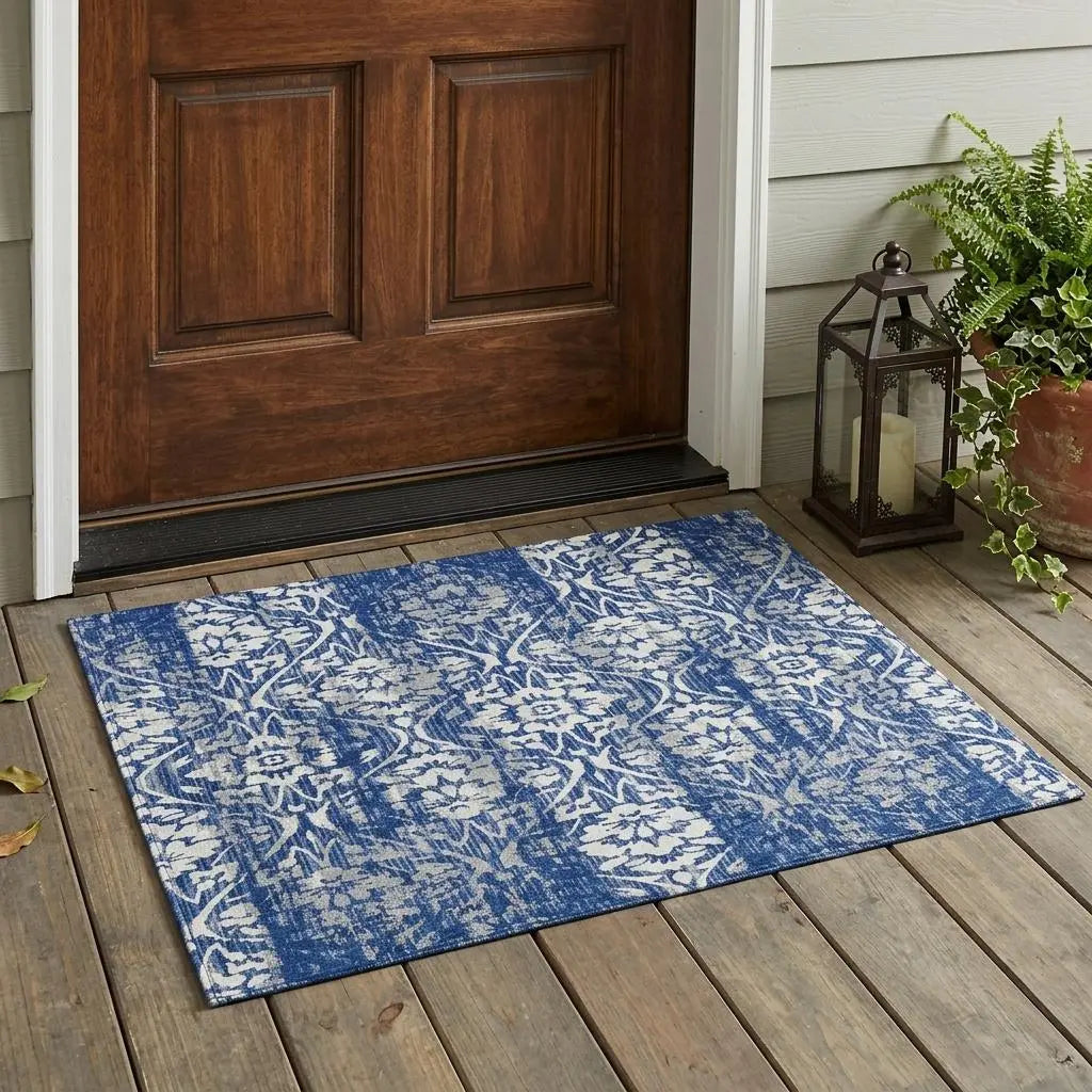 3' X 5' Navy Blue And Blue Damask Washable Indoor Outdoor Area Rug Homeroots Outdoor
