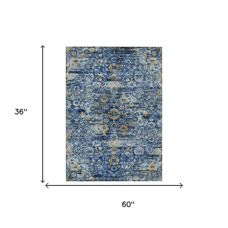 3' X 5' Navy Blue And Blue Floral Medallion Washable Indoor Outdoor Area Rug Homeroots Outdoor