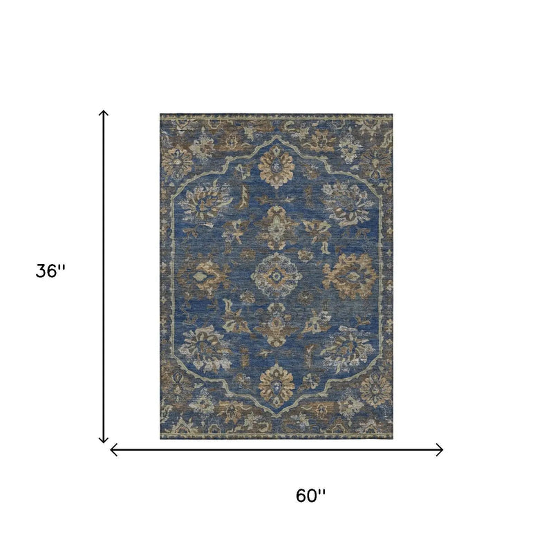 3' X 5' Navy Blue And Blue Floral Medallion Washable Indoor Outdoor Area Rug Homeroots Outdoor