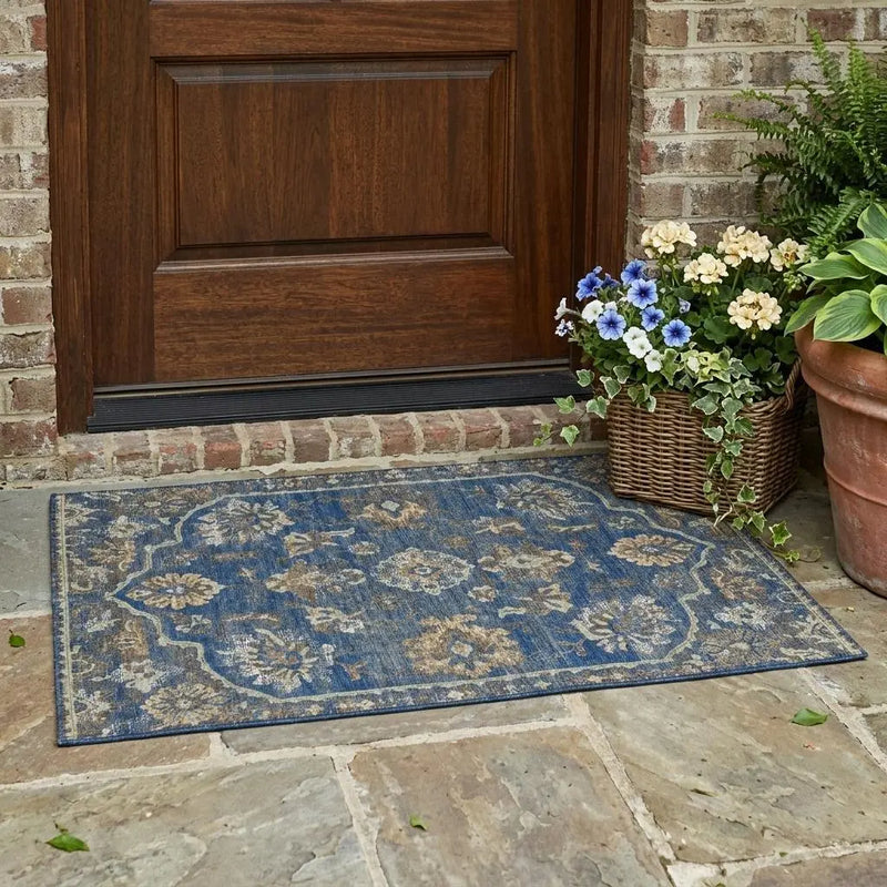 3' X 5' Navy Blue And Blue Floral Medallion Washable Indoor Outdoor Area Rug Homeroots Outdoor