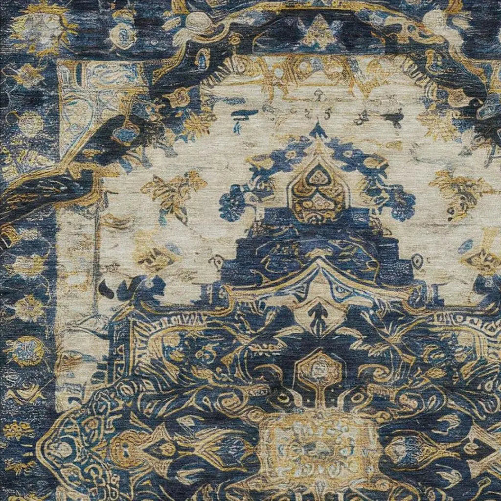 3' X 5' Navy Blue And Blue Floral Medallion Washable Indoor Outdoor Area Rug Homeroots Outdoor