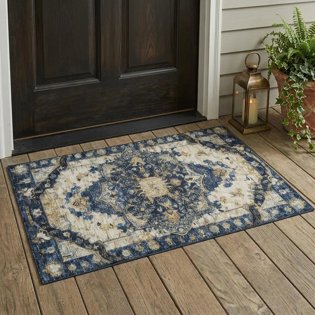 3' X 5' Navy Blue And Blue Floral Medallion Washable Indoor Outdoor Area Rug Homeroots Outdoor