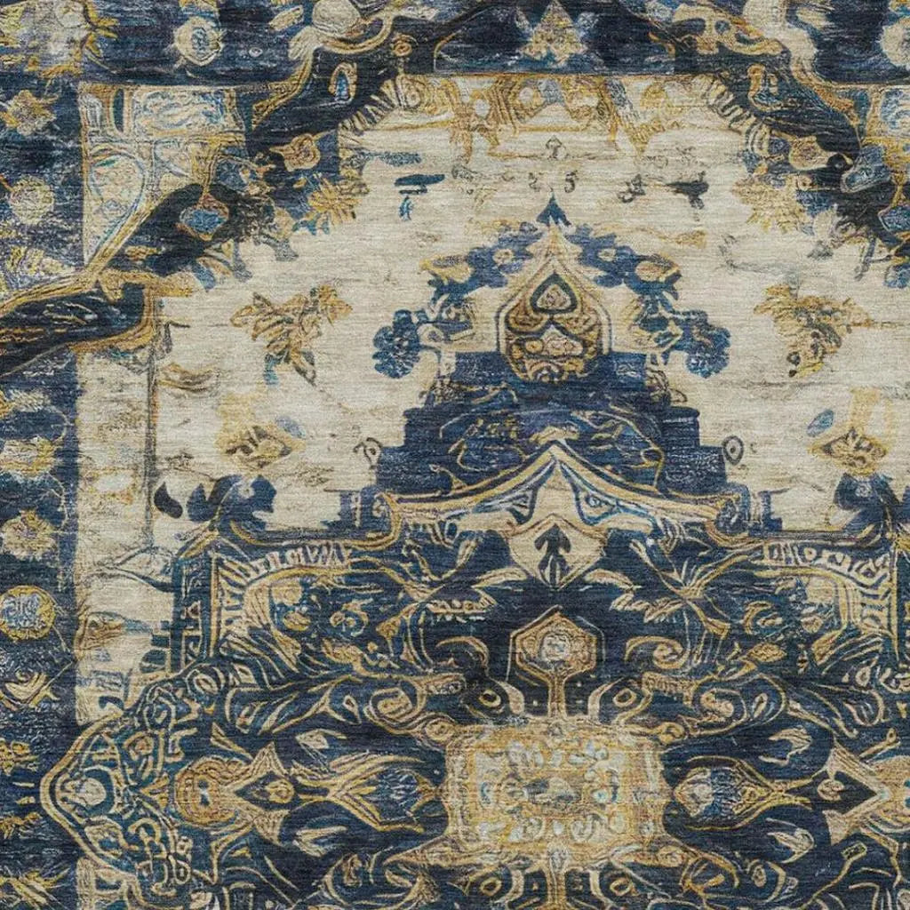3' X 5' Navy Blue And Blue Floral Medallion Washable Indoor Outdoor Area Rug Homeroots Outdoor