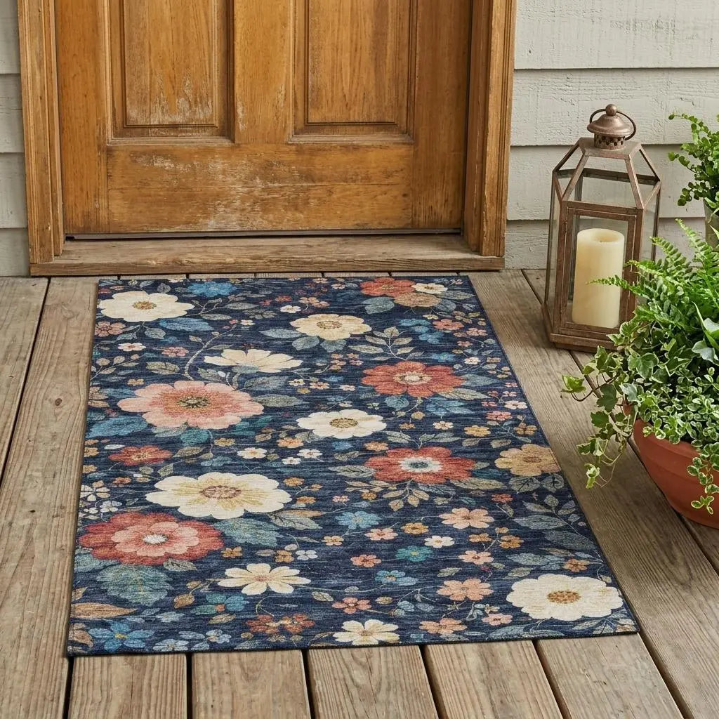3' X 5' Navy Blue And Blue Floral Washable Indoor Outdoor Area Rug Homeroots Outdoor