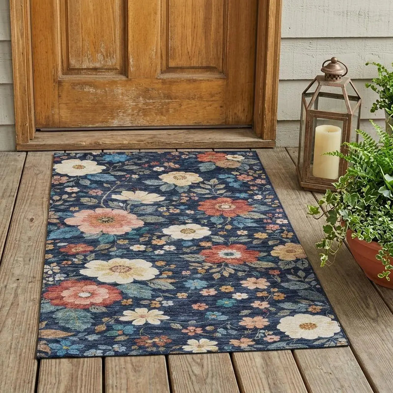 3' X 5' Navy Blue And Blue Floral Washable Indoor Outdoor Area Rug Homeroots Outdoor