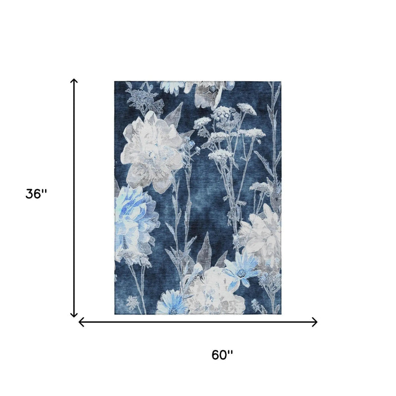 3' X 5' Navy Blue And Blue Floral Washable Indoor Outdoor Area Rug Homeroots Outdoor