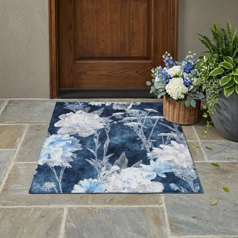 3' X 5' Navy Blue And Blue Floral Washable Indoor Outdoor Area Rug Homeroots Outdoor