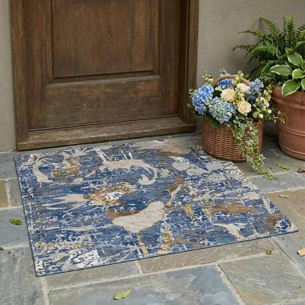 3' X 5' Navy Blue And Blue Floral Washable Indoor Outdoor Area Rug Homeroots Outdoor