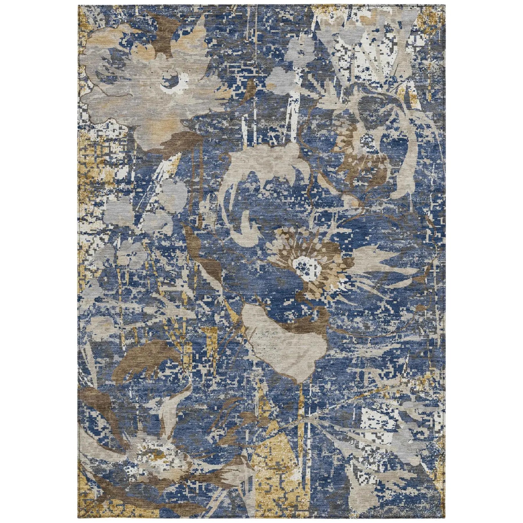 3' X 5' Navy Blue And Blue Floral Washable Indoor Outdoor Area Rug Homeroots Outdoor
