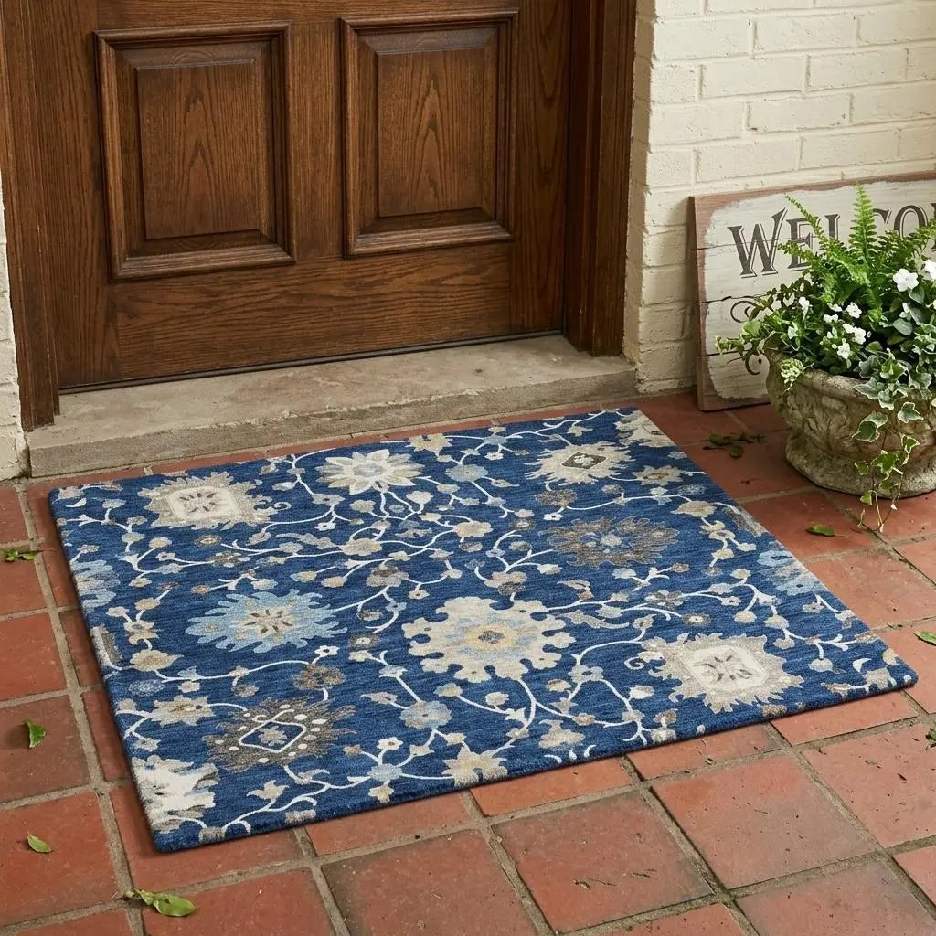 3' X 5' Navy Blue And Blue Floral Washable Indoor Outdoor Area Rug Homeroots Outdoor