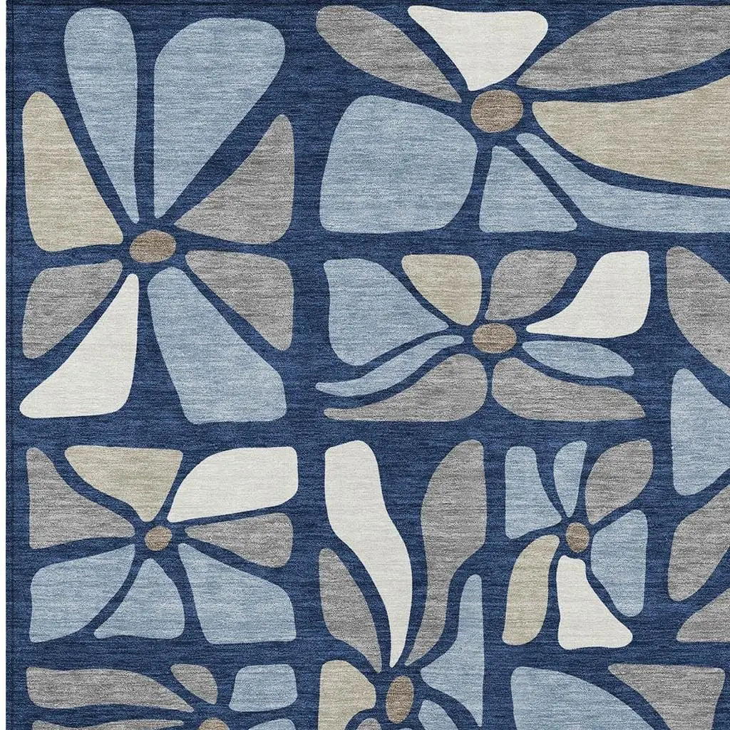 3' X 5' Navy Blue And Blue Floral Washable Indoor Outdoor Area Rug Homeroots Outdoor
