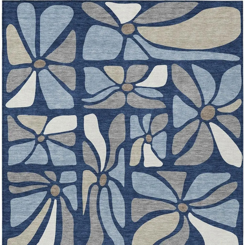 3' X 5' Navy Blue And Blue Floral Washable Indoor Outdoor Area Rug Homeroots Outdoor