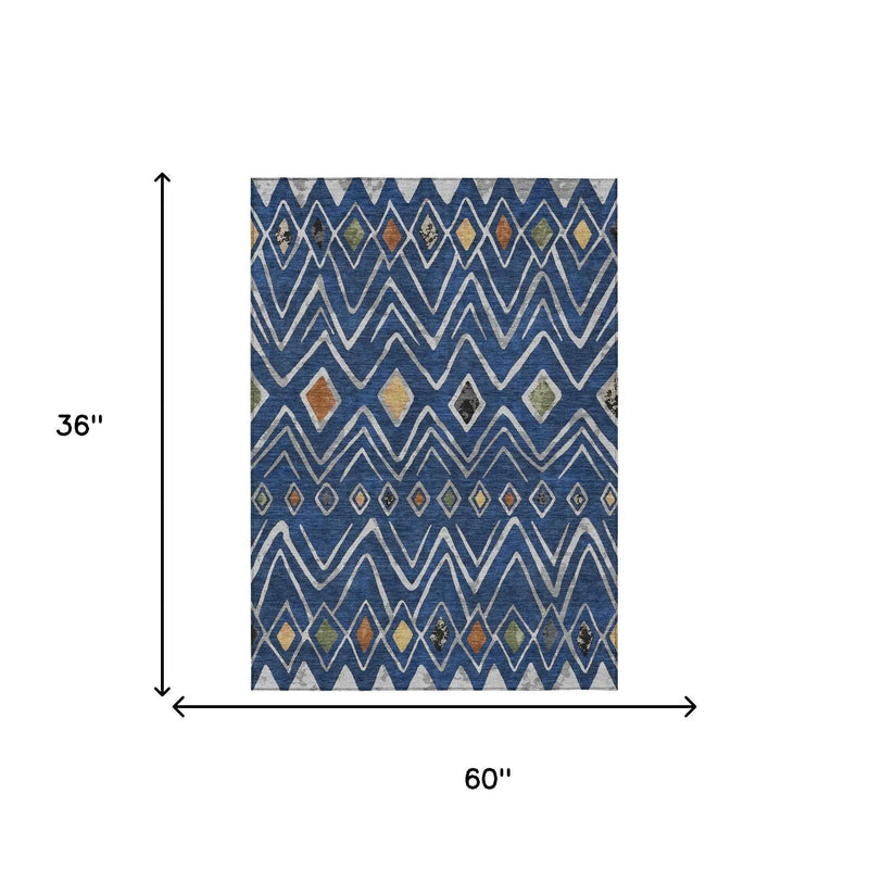 3' X 5' Navy Blue And Blue Geometric Washable Indoor Outdoor Area Rug Homeroots Outdoor