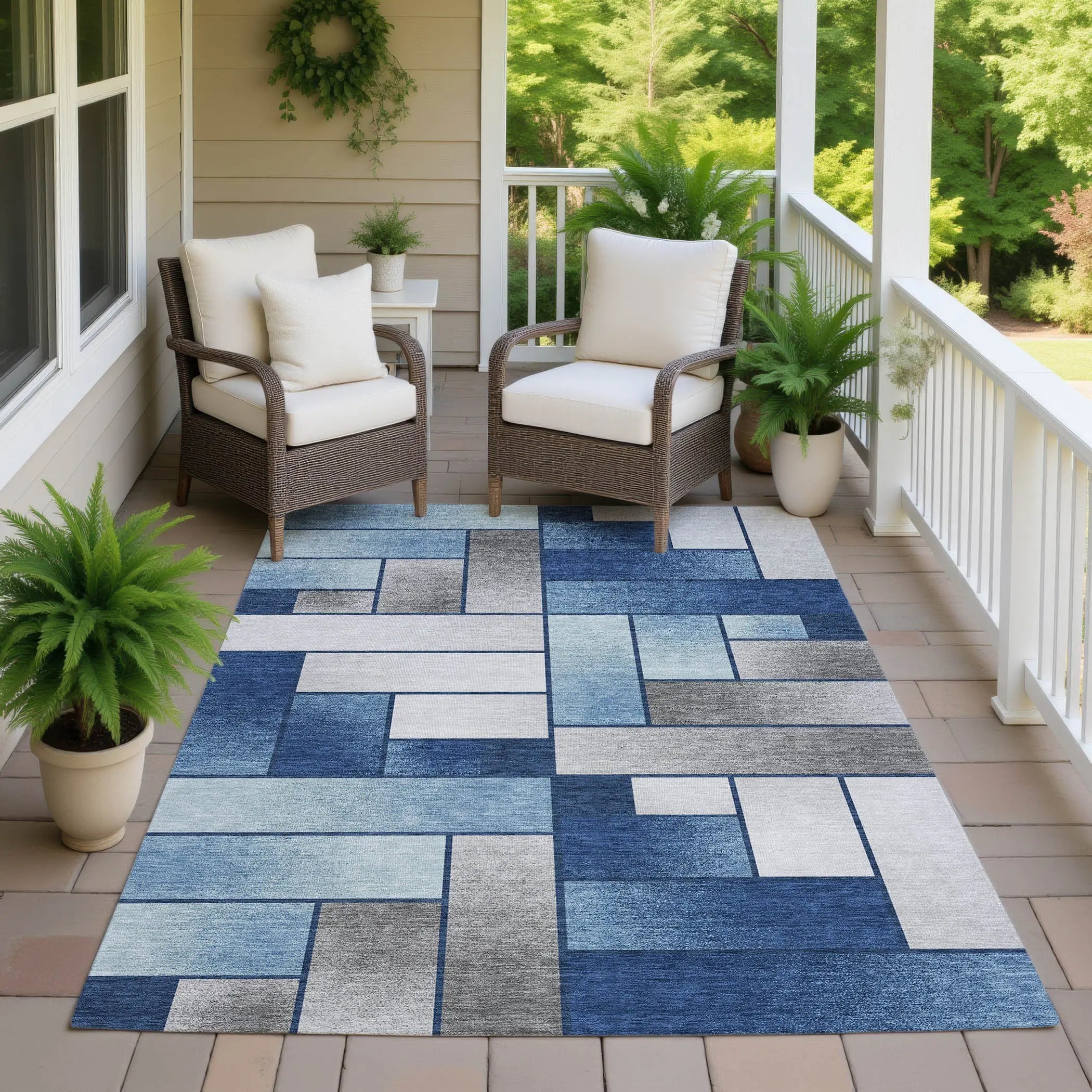 3' X 5' Navy Blue And Blue Geometric Washable Indoor Outdoor Area Rug Homeroots Outdoor