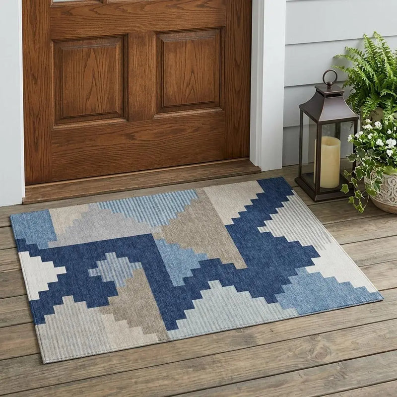 3' X 5' Navy Blue And Blue Geometric Washable Indoor Outdoor Area Rug Homeroots Outdoor
